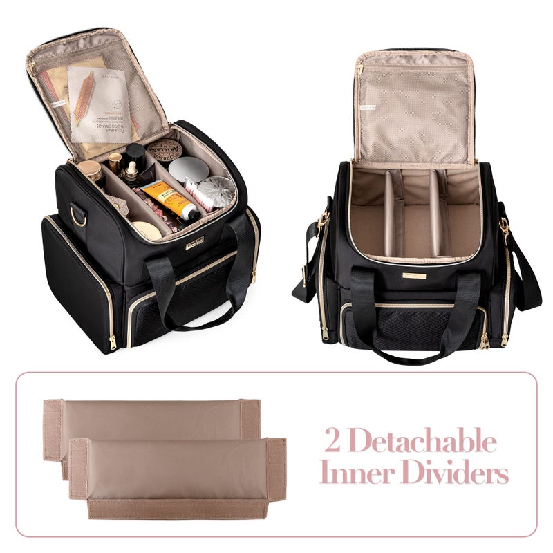 Prokva Large Cosmetic Bag with 3 Removable Case, Double Layer Travel Organizer with Inner Dividers and Makeup Brushes Storage Section, Black (Patented Design) - Image 3