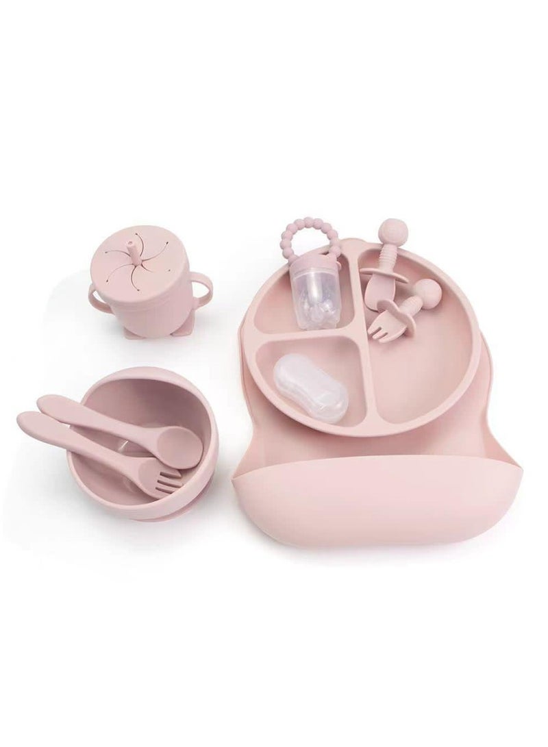 10 pieces Baby silicone feeding set/ Children's Cutlery & tableware set/ Portable, Travel friendly/ Non-toxic Food Grade Silicone/ Baby Feeding Set/ Safe & Reusable Utensils for toddlers and kids (10 Pieces/ Compartment Plate, Bowl, Short Fork & Spoon, Water Cup, Bib, Long Fork & Spoon, Fruit Feeder, toothbrush)/ Pink - Image 1