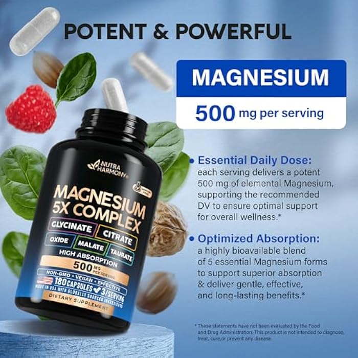 NUTRAHARMONY Magnesium Supplement - 5 in 1 Complex | Glycinate | Citrate | Malate | Taurate | Oxide - Made in USA - Stress, Muscle & Heart Support - Vegan, Natural, Non-GMO - 180 Capsules, 2 Month Supply - Image 4