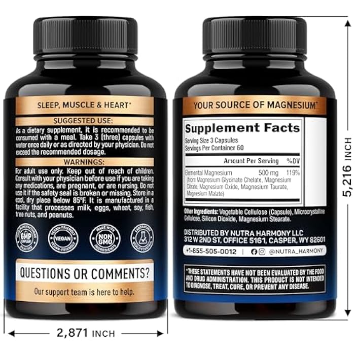 NUTRAHARMONY Magnesium Supplement - 5 in 1 Complex | Glycinate | Citrate | Malate | Taurate | Oxide - Made in USA - Stress, Muscle & Heart Support - Vegan, Natural, Non-GMO - 180 Capsules, 2 Month Supply - Image 2