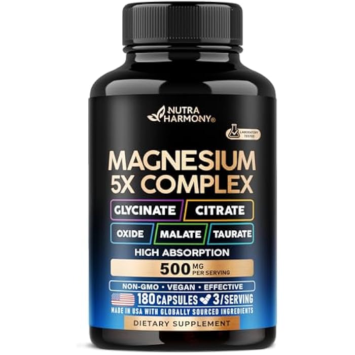 NUTRAHARMONY Magnesium Supplement - 5 in 1 Complex | Glycinate | Citrate | Malate | Taurate | Oxide - Made in USA - Stress, Muscle & Heart Support - Vegan, Natural, Non-GMO - 180 Capsules, 2 Month Supply - Image 1