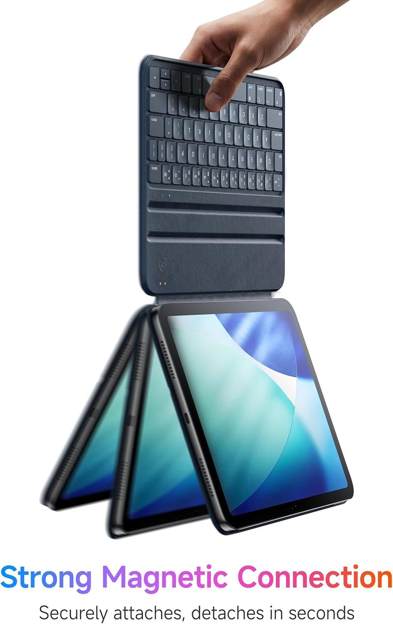 هوو حافظة لوحة مفاتيح بلوتوث نحيفة من HOU لـ iPad Air 11 بوصة M2/M3، وAir الجيل الخامس/الرابع، وPro 11 (الجيل الأول إلى الرابع 2018-2022)، وغطاء ذكي، وحامل مغناطيسي بزاويتين، وشحن مغناطيسي، وجلد صناعي، أزرق - Image 5