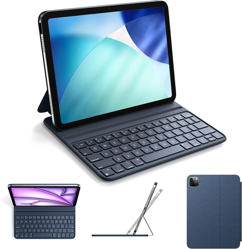هوو حافظة لوحة مفاتيح بلوتوث نحيفة من HOU لـ iPad Air 11 بوصة M2/M3، وAir الجيل الخامس/الرابع، وPro 11 (الجيل الأول إلى الرابع 2018-2022)، وغطاء ذكي، وحامل مغناطيسي بزاويتين، وشحن مغناطيسي، وجلد صناعي، أزرق - Image 1