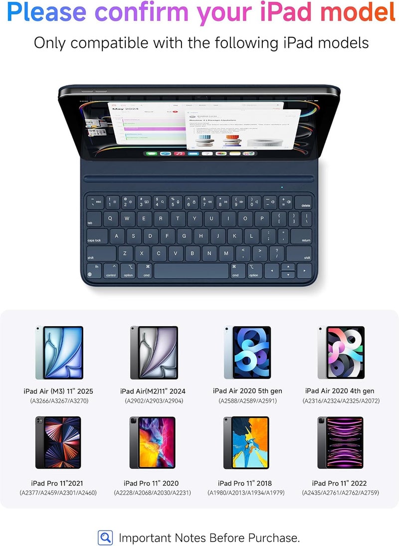 هوو حافظة لوحة مفاتيح بلوتوث نحيفة من HOU لـ iPad Air 11 بوصة M2/M3، وAir الجيل الخامس/الرابع، وPro 11 (الجيل الأول إلى الرابع 2018-2022)، وغطاء ذكي، وحامل مغناطيسي بزاويتين، وشحن مغناطيسي، وجلد صناعي، أزرق - Image 2