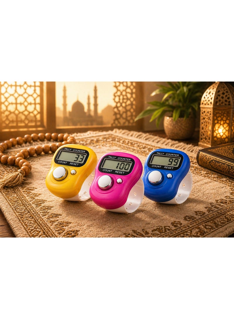 A small and elegant electronic prayer beads ring with a digital LCD screen for fingers, featuring a digital counter, multi-colored display, and a manually resettable digital counter. - Image 1