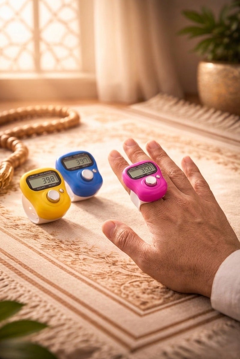 A small and elegant electronic prayer beads ring with a digital LCD screen for fingers, featuring a digital counter, multi-colored display, and a manually resettable digital counter. - Image 2