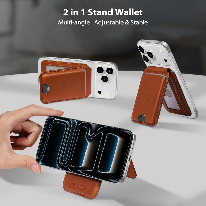 Belemay Strong Magnetic Wallet for MagSafe with Adjustable Stand, Full-Grain Leather Card Holder, Up to 5 Cards, RFID Blocking, Slim for iPhone 17/16/15/14/13/12 Series Men & Women - Saddle Brown - Image 5