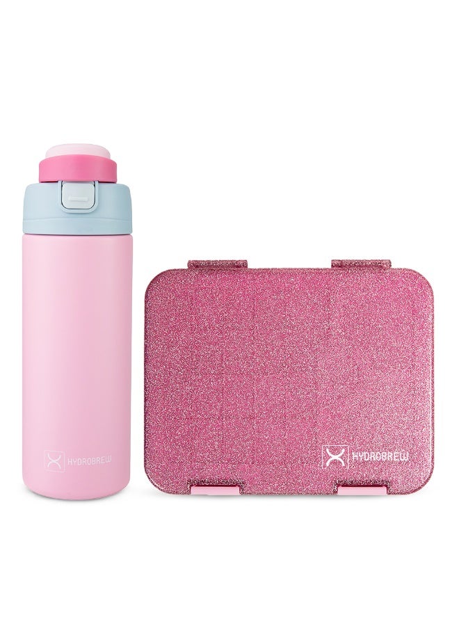 Hydrobrew Sparkle Bento Lunch Box w/ SipSwitch Insulated Water Bottle 720ml | Tritan Leakproof Meal Box – Blush - Image 1