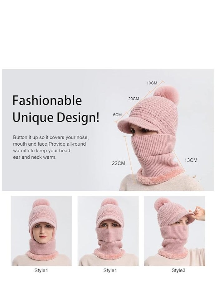 SYOSI - Fleece Lined Womens Beanie Knit Hat with Brim, Winter Scarf Mask Set for Women,Girls Snow Caps Earmuffs Hats with Pom, Soft Warm Fleece Lined Winter Ski Hat with Pompom - Image 1