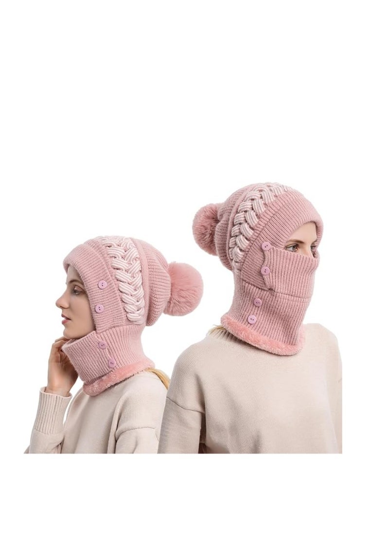 SYOSI - Fleece Lined Womens Beanie Knit Hat with Brim, Winter Scarf Mask Set for Women,Girls Snow Caps Earmuffs Hats with Pom, Soft Warm Fleece Lined Winter Ski Hat with Pompom - Image 1