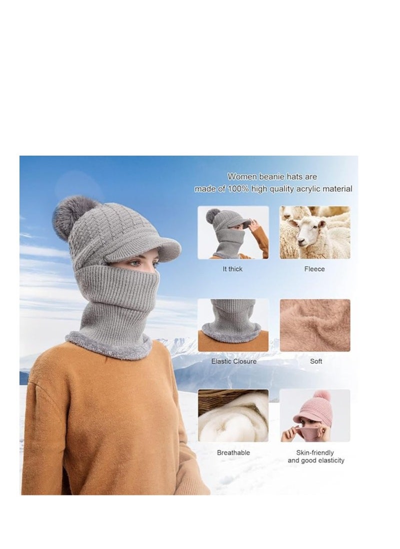 SYOSI - Fleece Lined Womens Beanie Knit Hat with Brim, Winter Scarf Mask Set for Women,Girls Snow Caps Earmuffs Hats with Pom, Soft Warm Fleece Lined Winter Ski Hat with Pompom - Image 1