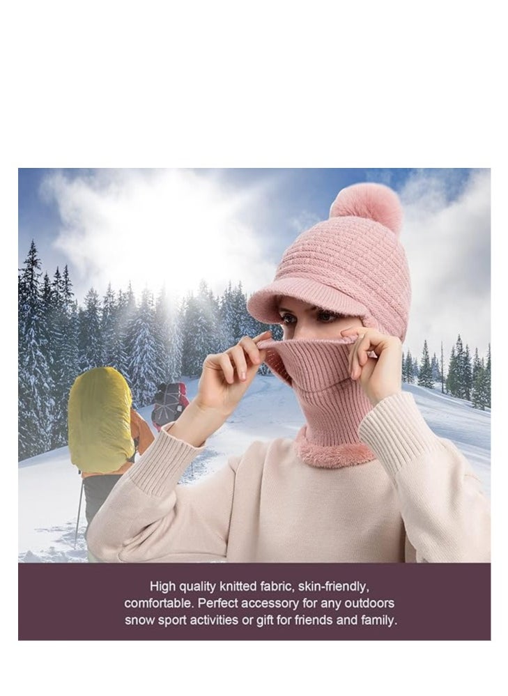 SYOSI - Fleece Lined Womens Beanie Knit Hat with Brim, Winter Scarf Mask Set for Women,Girls Snow Caps Earmuffs Hats with Pom, Soft Warm Fleece Lined Winter Ski Hat with Pompom - Image 1