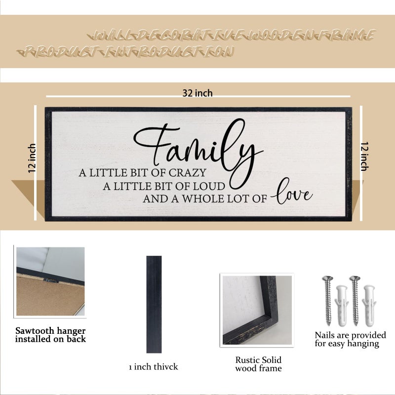 comurdyo Family A Little Bit Of Crazy Sign Wall Decor 32"Ã—12" A Little Bit Loud Inspirational Quotes Large Wood Framed Wall Hanging Art (Black) - Image 2