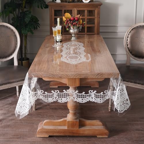 Artbloss Rectangle Waterproof Clear Table Cover Protector Vinyl Table Cloth Oil Spill Proof Wipe Clean Lace Plastic Tablecloths for Dining Tables (White, 52 x 70 Inches) - Image 2