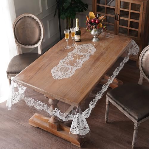 Artbloss Rectangle Waterproof Clear Table Cover Protector Vinyl Table Cloth Oil Spill Proof Wipe Clean Lace Plastic Tablecloths for Dining Tables (White, 52 x 70 Inches) - Image 3
