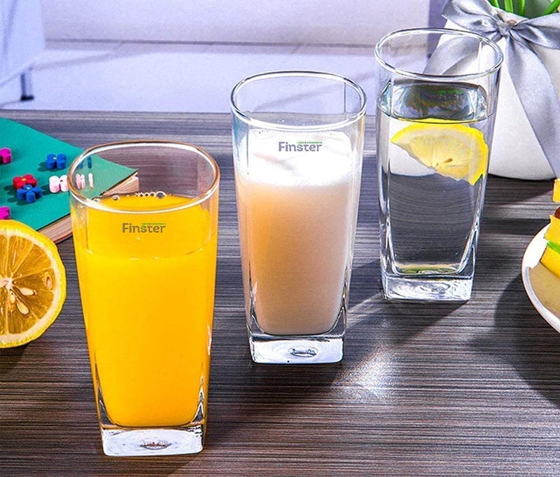 FINSTER Highball Long Water/Juice Glass Set of 6-300ML [Crystal Square Tumbler Glasses - Transparent] - Image 4