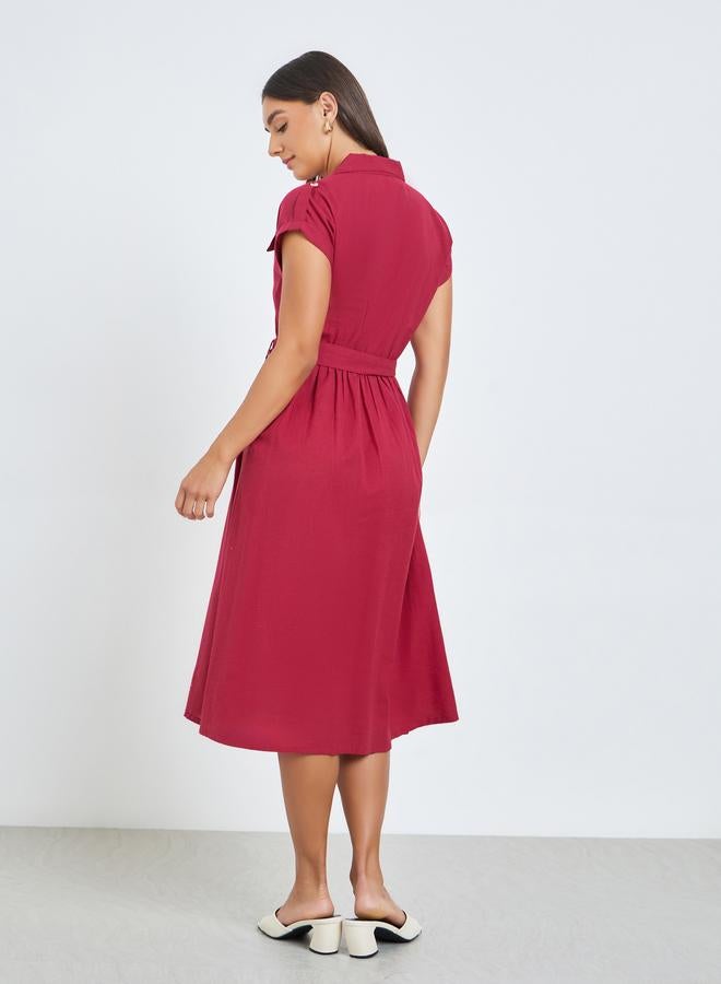 Styli Red Belted Cotton Midi Dress - Image 5