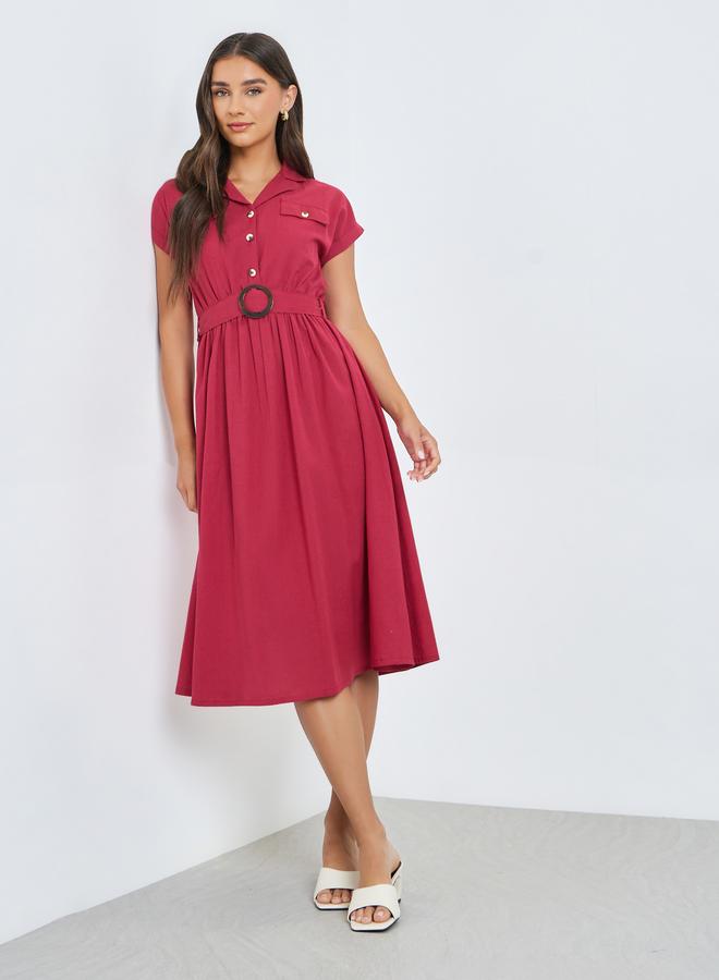 Styli Red Belted Cotton Midi Dress - Image 3