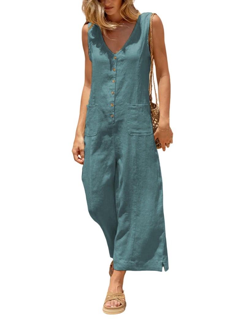 Yeokou Women Button Down Jumpsuits Cotton Linen Sleeveless Casual Wide Legs Rompers Loose Overall With Pockets(Teal-S) - Image 1