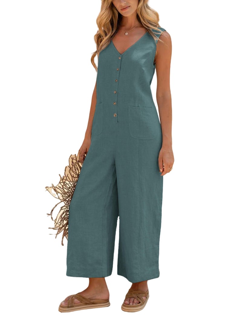 Yeokou Women Button Down Jumpsuits Cotton Linen Sleeveless Casual Wide Legs Rompers Loose Overall With Pockets(Teal-S) - Image 2