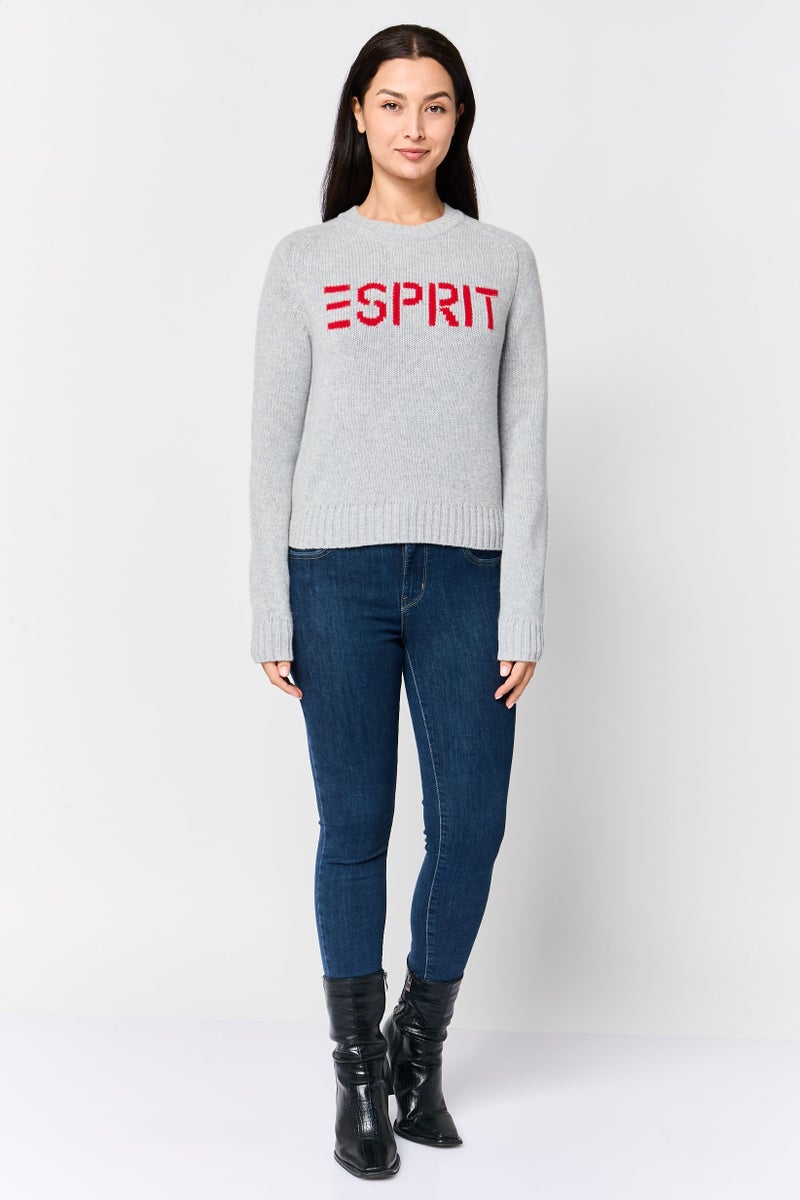 ESPRIT Women Crew Neck Brand Logo Sweater, Grey - Image 2