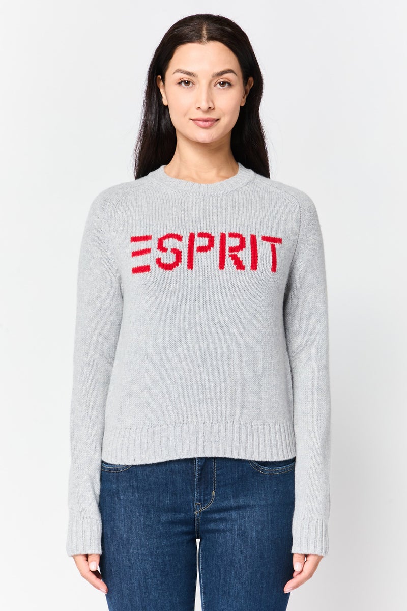 ESPRIT Women Crew Neck Brand Logo Sweater, Grey - Image 1