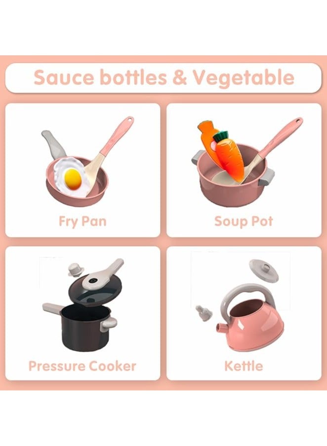 61Pcs Kids Kitchen Toy Accessories Set, Toddler Pretend BBQ Cooking Playset with Play Pots and Pans, Utensils Cookware Toys, Cut Play Food Set, Toy Vegetables, Play Kitchen Toy Pink - Image 2