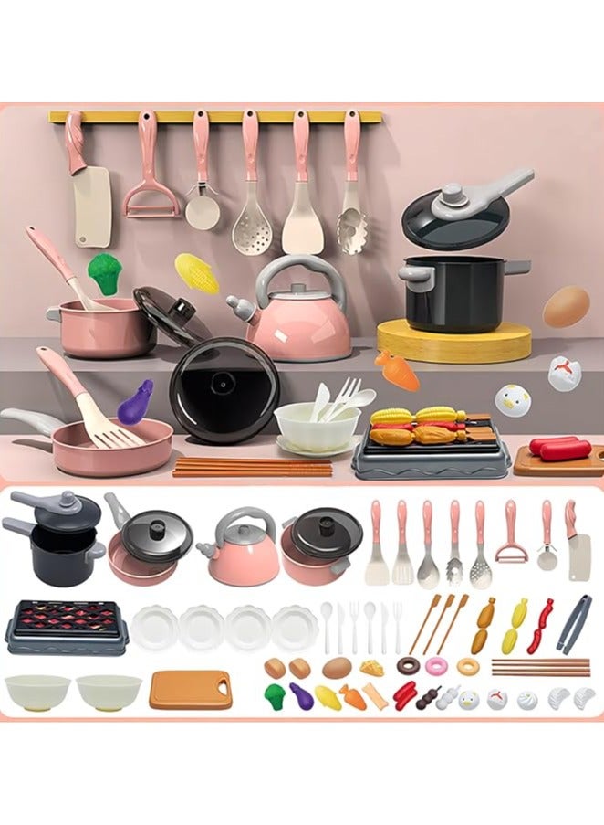 61Pcs Kids Kitchen Toy Accessories Set, Toddler Pretend BBQ Cooking Playset with Play Pots and Pans, Utensils Cookware Toys, Cut Play Food Set, Toy Vegetables, Play Kitchen Toy Pink - Image 1