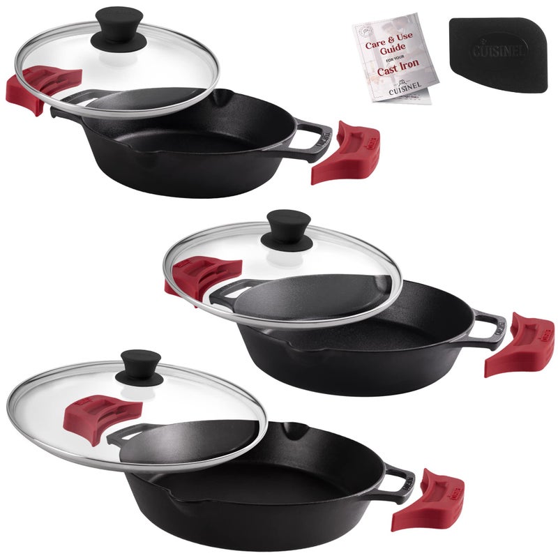 Cuisinel Cast Iron Skillet Set  81012Inch Dual Handle Frying Pans  Glass Lids  Silicone Handle Holder Covers  Preseasoned Oven Safe Cookware  IndoorOutdoor Use  Grill Stovetop Induction Safe 