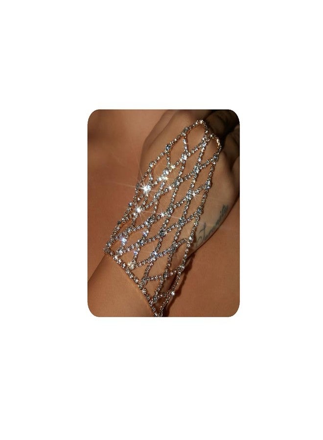 YERTTER Silver Wedding Full Rhinestone Hand Back Chain Sparkly Crystal Finger Bracelet with Ring Hareness Bracelet Slave Link with Ring Bracelet Accessories Party for Women （Silver 2 - Image 1