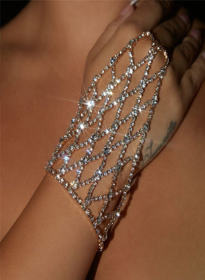 YERTTER Silver Wedding Full Rhinestone Hand Back Chain Sparkly Crystal Finger Bracelet with Ring Hareness Bracelet Slave Link with Ring Bracelet Accessories Party for Women （Silver 2 - Image 2