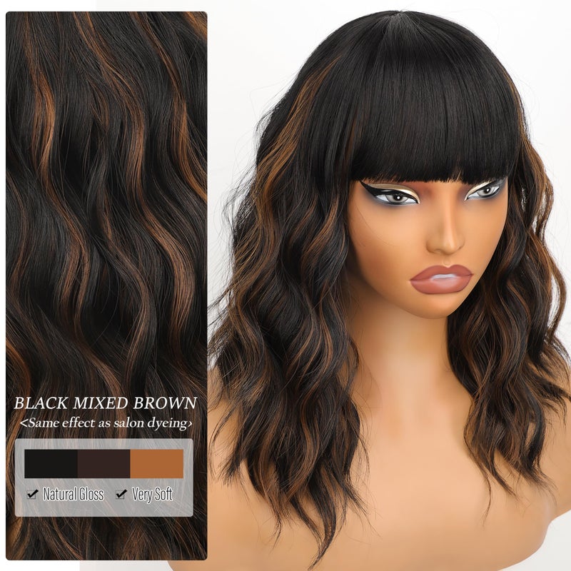 Nnzes Black Mixed Brown Wig with Bangs Short Bob Wavy Wigs Synthetic Curly Wig for Women Natural Looking Heat Resistant Fiber Hair for Daily Party Use - Image 3