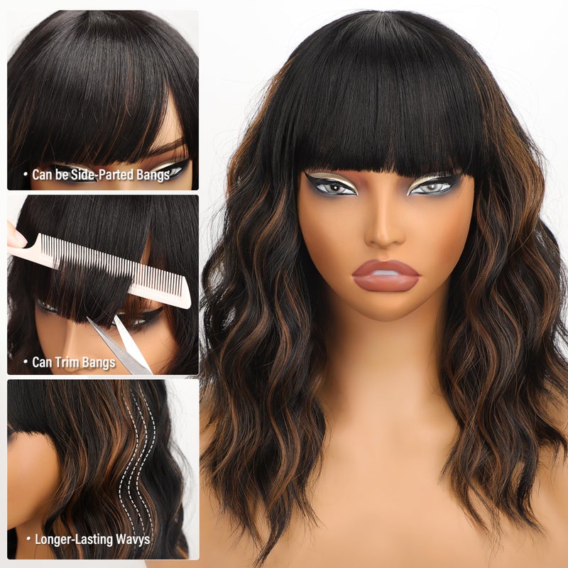Nnzes Black Mixed Brown Wig with Bangs Short Bob Wavy Wigs Synthetic Curly Wig for Women Natural Looking Heat Resistant Fiber Hair for Daily Party Use - Image 2