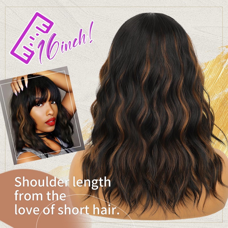 Nnzes Black Mixed Brown Wig with Bangs Short Bob Wavy Wigs Synthetic Curly Wig for Women Natural Looking Heat Resistant Fiber Hair for Daily Party Use - Image 5