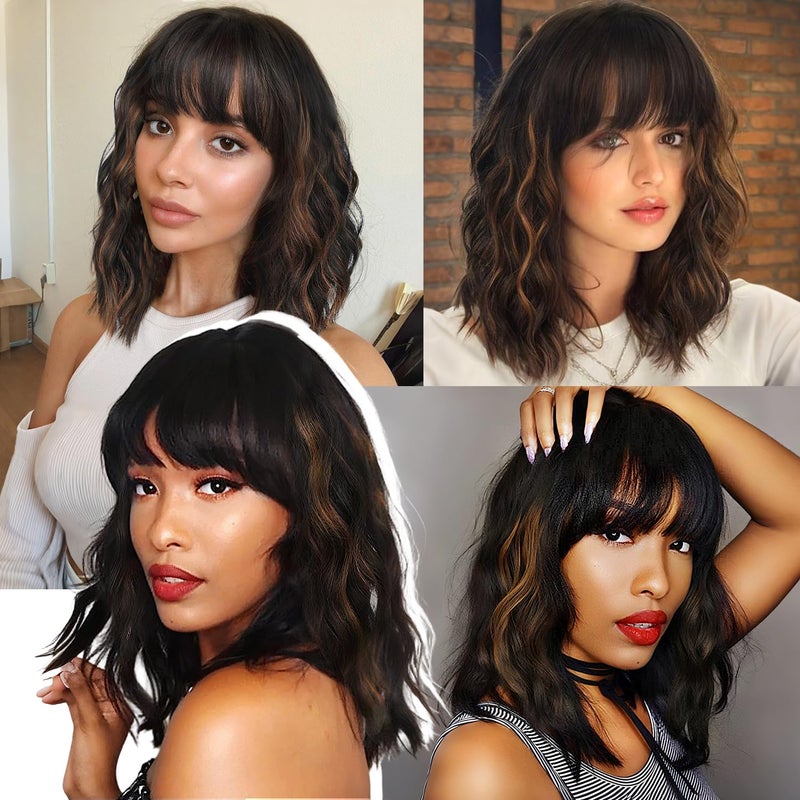 Nnzes Black Mixed Brown Wig with Bangs Short Bob Wavy Wigs Synthetic Curly Wig for Women Natural Looking Heat Resistant Fiber Hair for Daily Party Use - Image 4