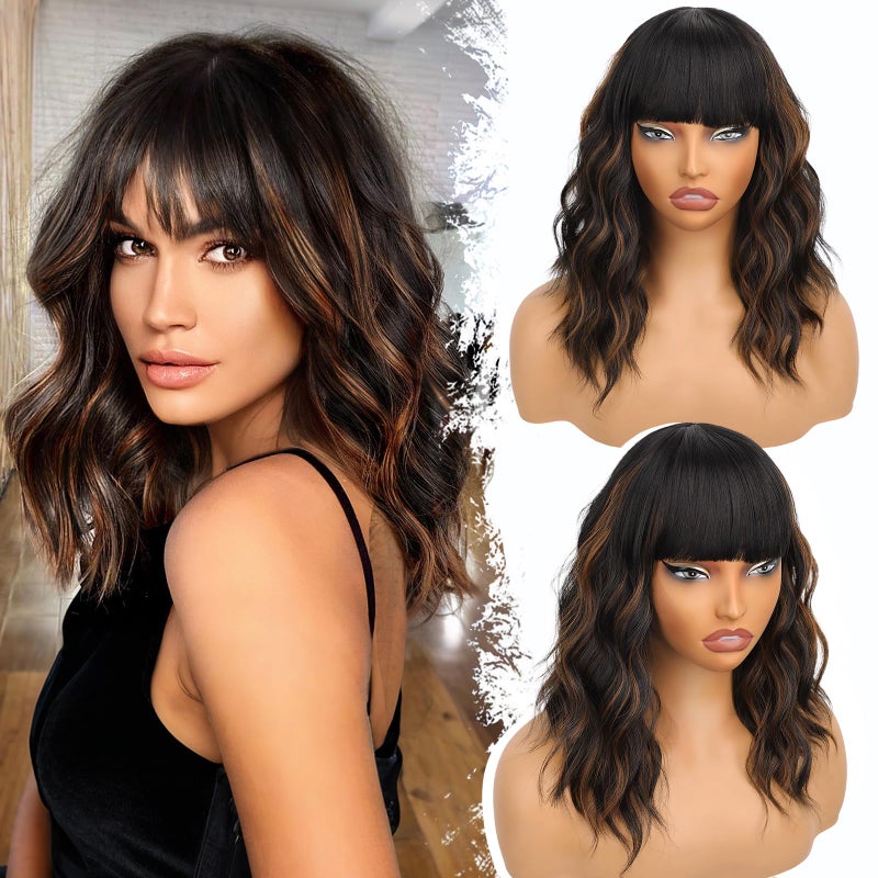 Nnzes Black Mixed Brown Wig with Bangs Short Bob Wavy Wigs Synthetic Curly Wig for Women Natural Looking Heat Resistant Fiber Hair for Daily Party Use - Image 1