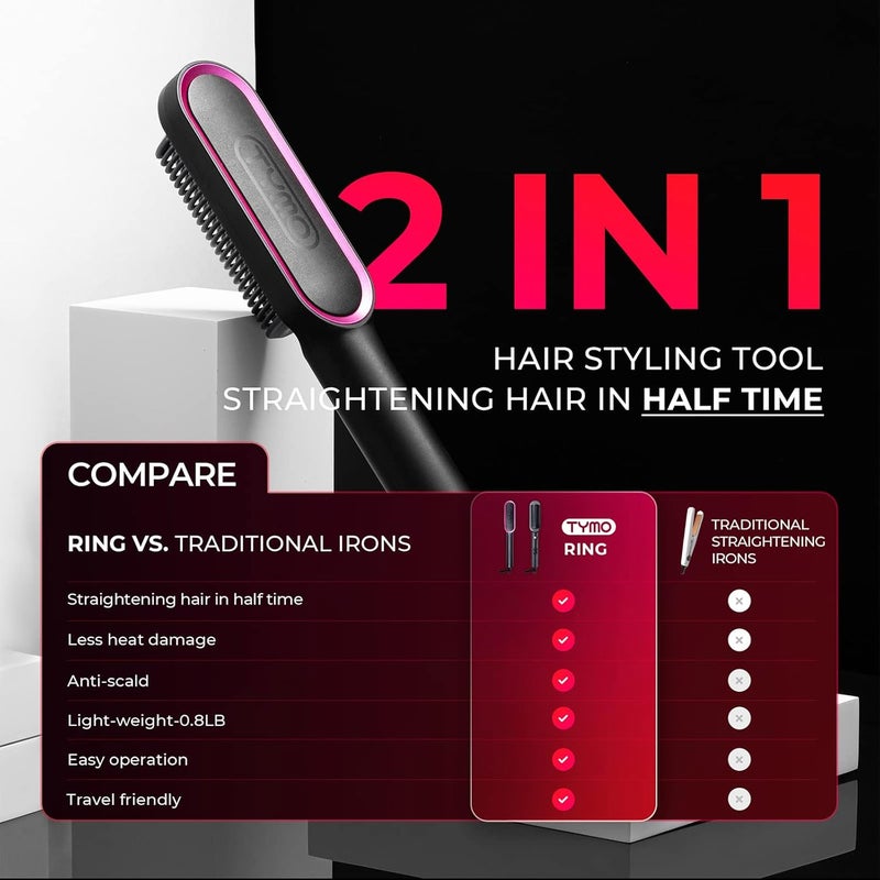 TYMO Hair Straightener Brush, Ring Hair Straightener Comb Straightening Brush for Women with 5 Temps 20s Fast Heating & Dual Voltage, Black - Image 3
