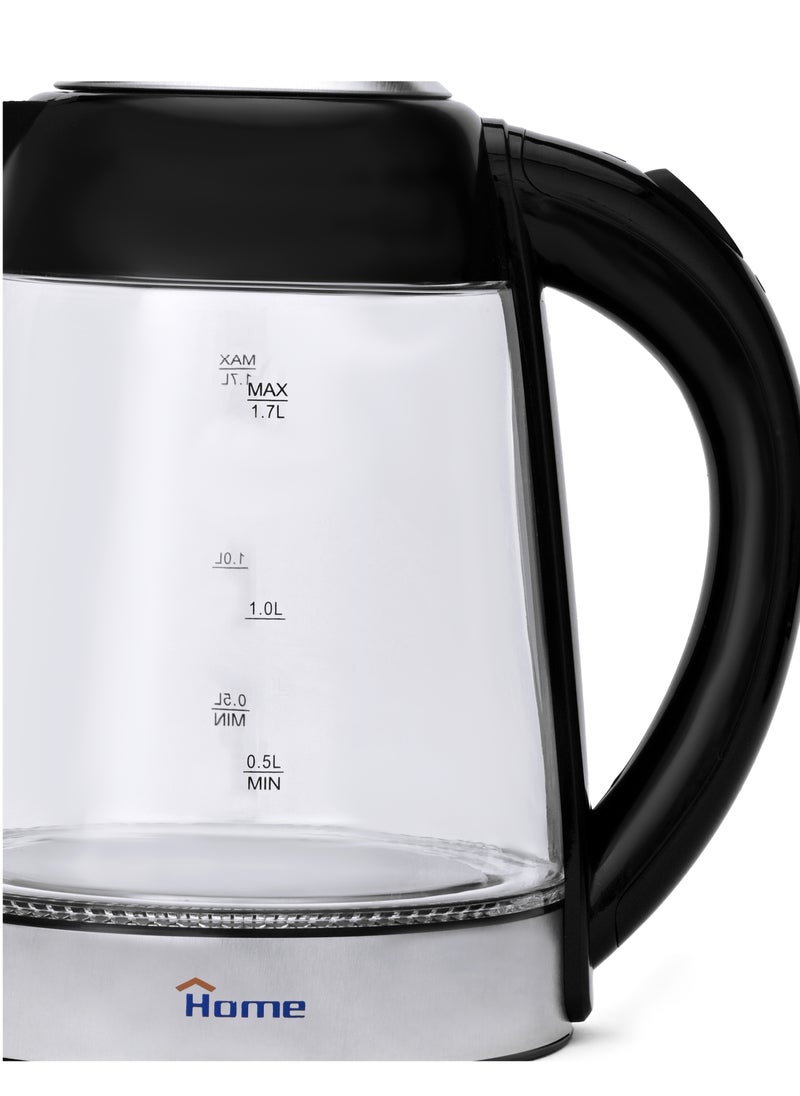 Home - Glass Electric Kettle 1850W Power: 1850W - 220V 50Hz. Capacity: 1.7L. 360-degree rotating base for ease of use. High-borosilicate glass body, durable and stain-resistant. Base made of stainless steel. Automatically shuts off when water boils. Blue indicator light. - Image 1