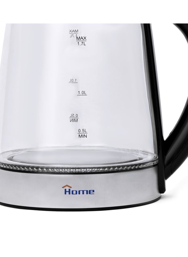 Home - Glass Electric Kettle 1850W Power: 1850W - 220V 50Hz. Capacity: 1.7L. 360-degree rotating base for ease of use. High-borosilicate glass body, durable and stain-resistant. Base made of stainless steel. Automatically shuts off when water boils. Blue indicator light. - Image 1