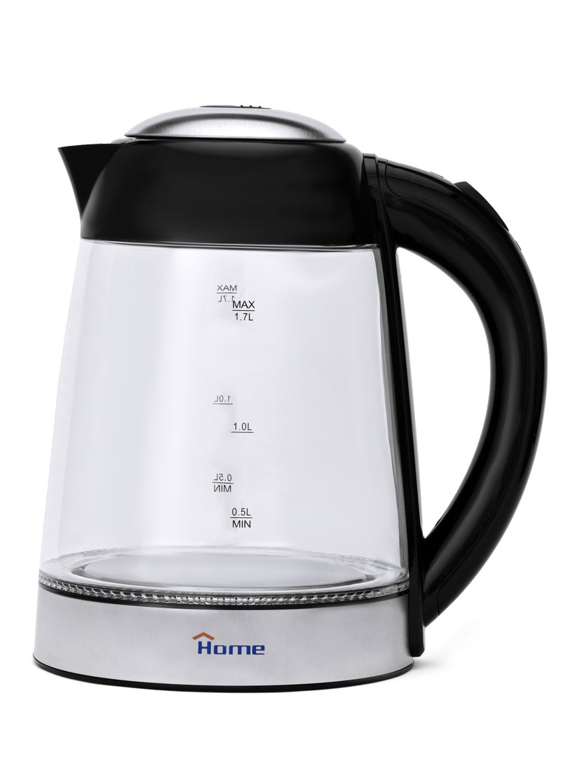 Home - Glass Electric Kettle 1850W Power: 1850W - 220V 50Hz. Capacity: 1.7L. 360-degree rotating base for ease of use. High-borosilicate glass body, durable and stain-resistant. Base made of stainless steel. Automatically shuts off when water boils. Blue indicator light. - Image 1