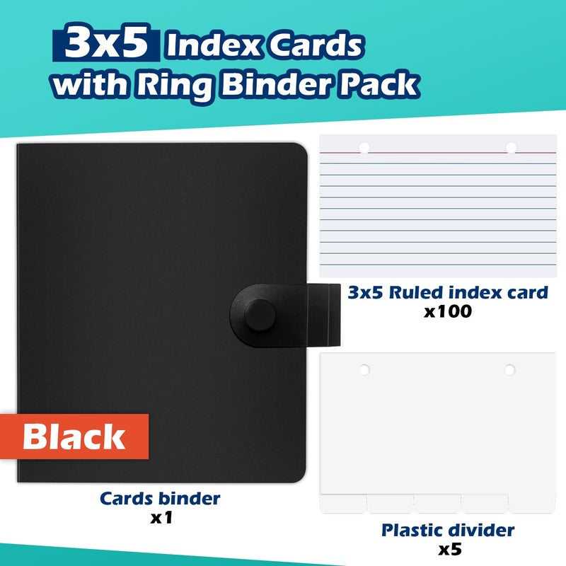 Olivo 3x5 Lined Index Cards with Ring Binder Holder and Dividers, 100 Ruled Cards, Black - Image 3