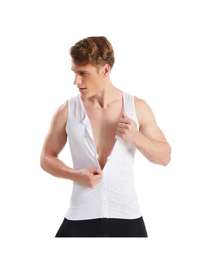 HANERDUN Mens Slimming Shirt Body Shaper Vest Compression Shirt Tummy Control Shapewear Abdomen with Zipper, White, M - Image 3