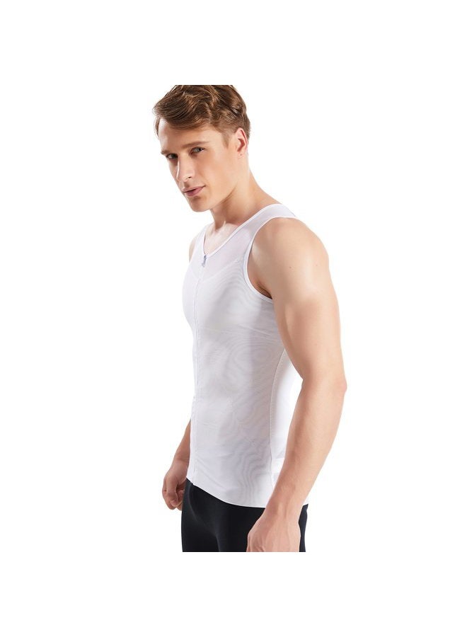 HANERDUN Mens Slimming Shirt Body Shaper Vest Compression Shirt Tummy Control Shapewear Abdomen with Zipper, White, M - Image 2