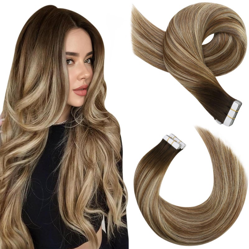 Moresoo Balayage Hair Extensions Tape in Real Human Hair Tape in Extensions Ombre Dark Brown to Medium Brown Mix with Blonde Tape in Hair Extensions Human Hair 20 Inch #4/6/613 20pcs 50g - Image 3