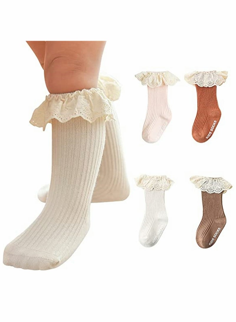 SYOSI Socks, Baby Toddler, Ruffle Lace Knee Girls Uniform Long Stockings Infants Cotton, Cute Princess Frilly High Dress Socks (4 Pcs) - Image 1