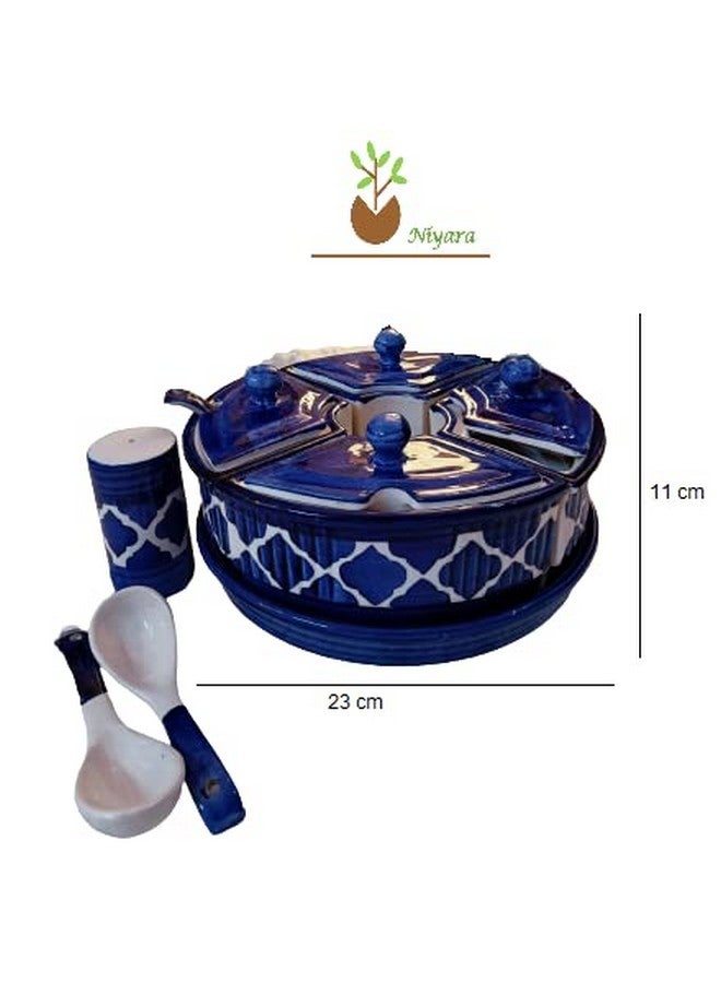 Niyara Multipurpose Storage Ceramic Pickle set Jars & with Lid & tray & spoon & Salt Dispenser (Set of 5, 300 ML) (Blue) - Image 5