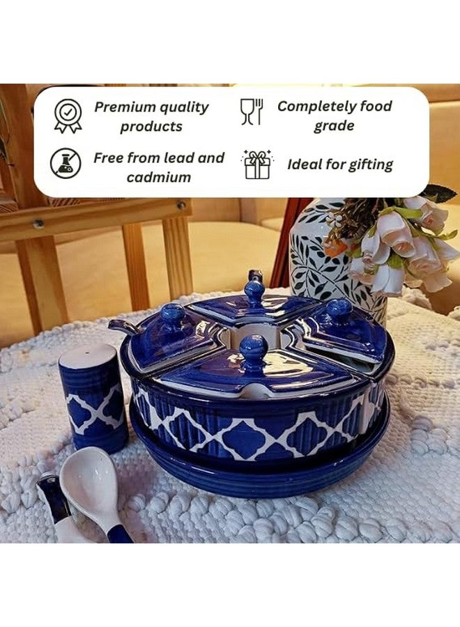 Niyara Multipurpose Storage Ceramic Pickle set Jars & with Lid & tray & spoon & Salt Dispenser (Set of 5, 300 ML) (Blue) - Image 3