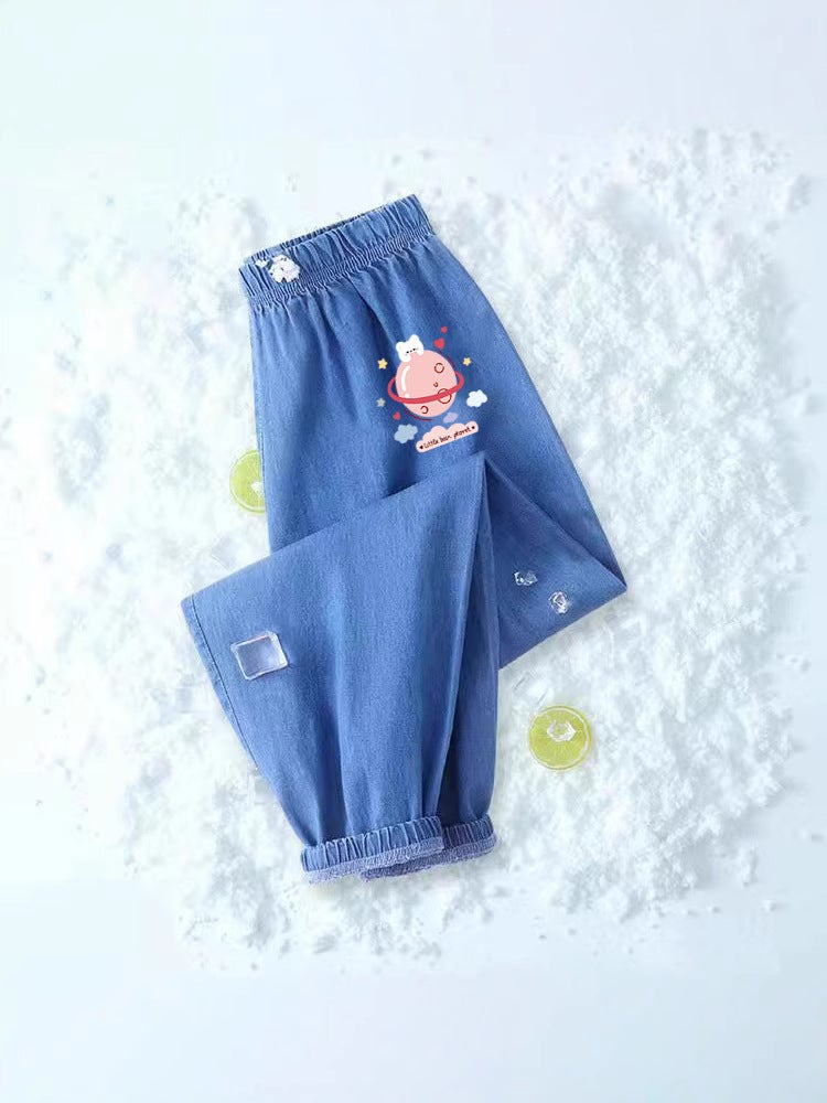 Girls' Ice Silk Denim Summer Thin Cartoon Anti-Mosquito Pants Large Children'S Quick-Drying Sports Outer Wear Pants - Image 3