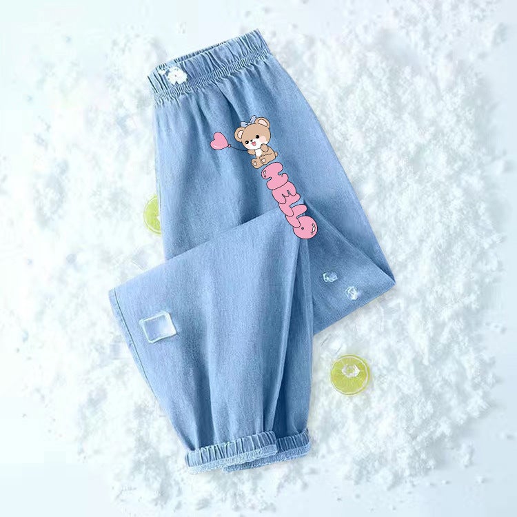 Girls' Ice Silk Denim Summer Thin Cartoon Anti-Mosquito Pants Large Children'S Quick-Drying Sports Outer Wear Pants - Image 1