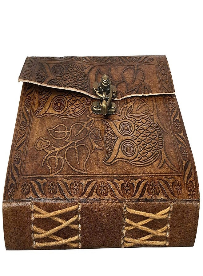 CREATIVE LEATHER ART دفتر يوميات جلدي عتيق منقوش عليه صورة بومة مع قفل - دفتر كتابة قابل لإعادة التعبئة مصنوع يدويًا، دفتر رسم ومذكرات عتيق، ورق فارغ مصنوع يدويًا، دفتر يوميات سفر للرجال والنساء (بني عتيق، 8 × 6 بوصة) - Image 1